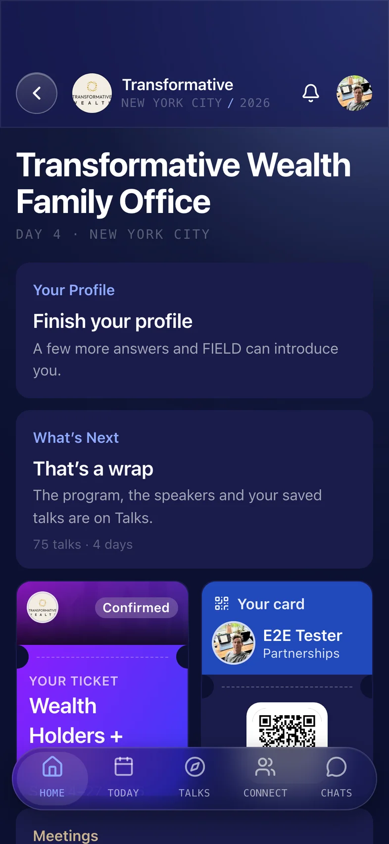 FIELD’s Home screen: your event, your ticket, your card, what’s next